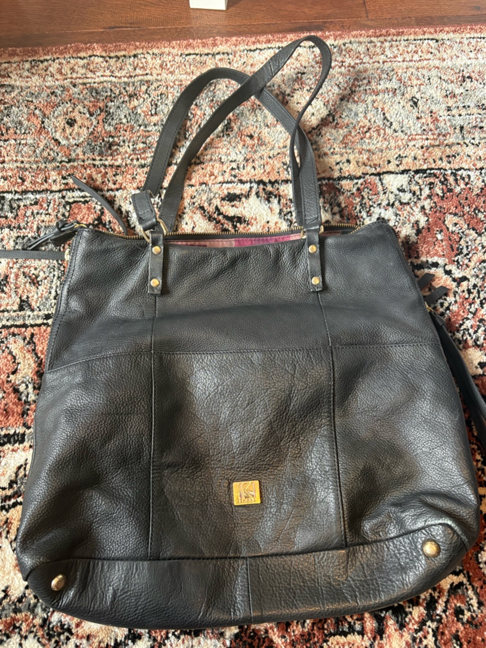 Kooba Black Pebbled Leather Tote Bag with Gold Accents